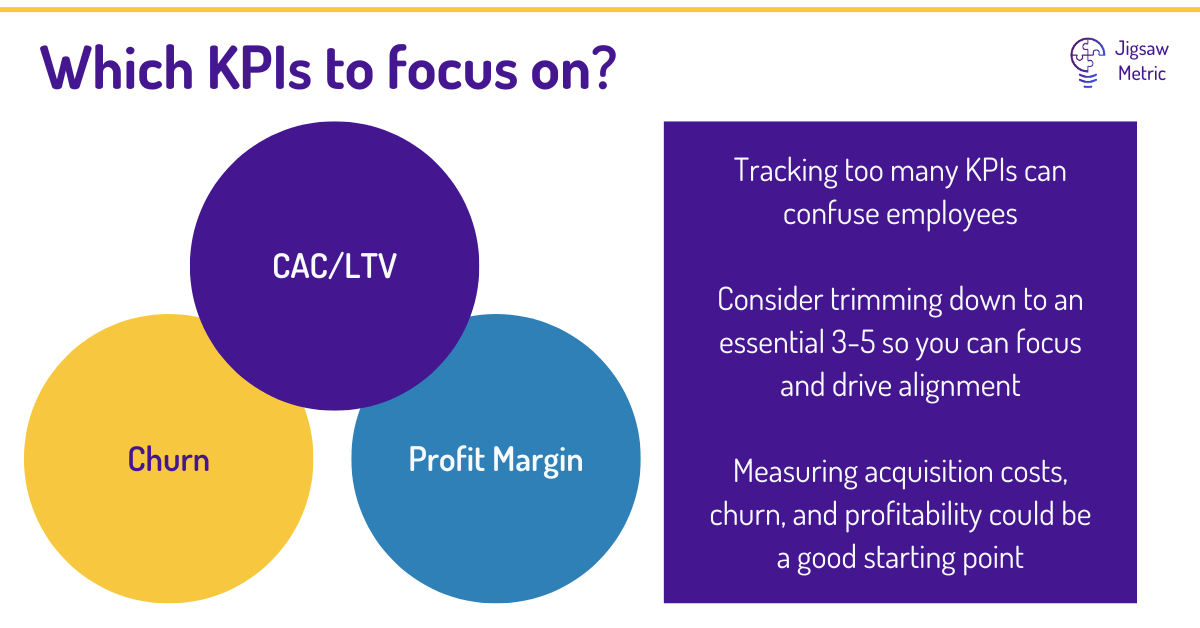 Tracking too many KPIs can confuse employees. Consider trimming down to an essential 3-5 so you can focus and drive alignment. Measuring acquisition costs, churn, and profitability could be a good starting point